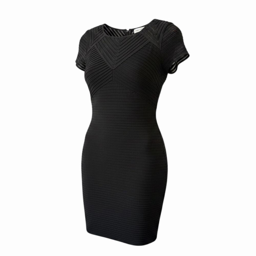 Calvin Klein Black Pleated Sheath Dress Sz 12 Shutter Stripe Chevron Bodice